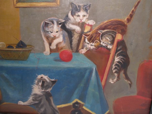 T. LOREY OIL ON BOARD PAINTING FROLICKING KITTENS: T. Lorey oil on board painting signed lower right corner. Painting depicts five kittens playing with a ball of yarn. Painting is in a black lacquer frame. Visible art measures 13 3/4" high by 18" wide