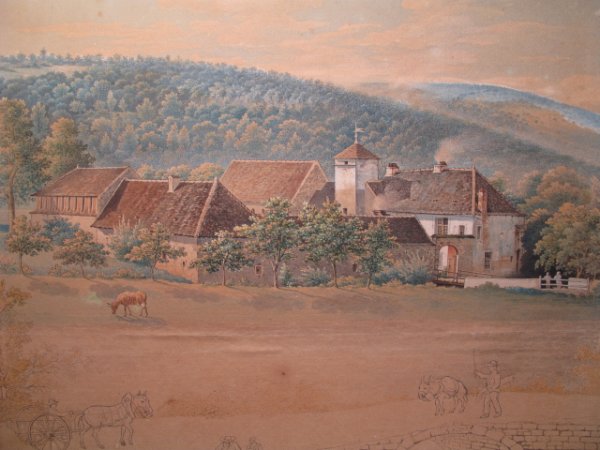 EUROPEAN ANTIQUE WATERCOLOR PAINTING FARM: Nineteenth Century European School landscape in watercolors. Unsigned, unfinished on laid paper. Image: 12 1/2" x 15 1/2". Frame: 20" x 22 3/4". Weight: 2.3 lbs. Condition: Fair. Paper stained and fox