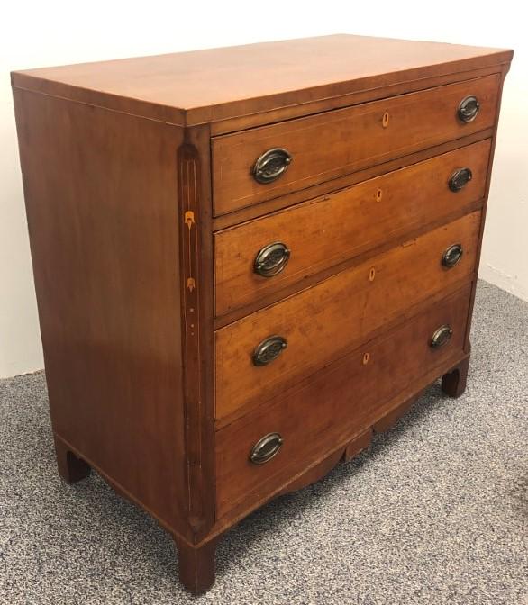 VICTORIAN HEPPLEWHITE STYLE CHEST OF DRAWERS: Victorian cherrywood Hepplewhite style marquetry inlaid chest of drawers. Subtle inlaid banding throughout and on each drawer. Measures a total of 37" tall x 39" wide and 19.5" deep. Condition: expect
