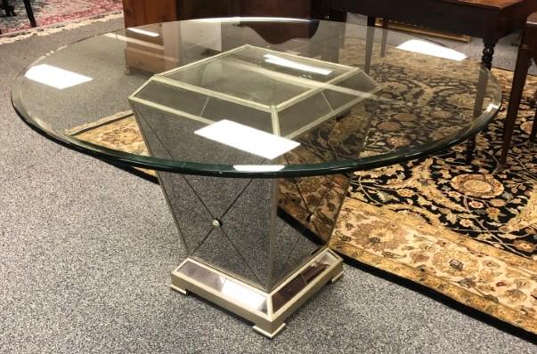 Z GALLERIE GLASS TOP DINING TABLE - MIRRORED BASE: Z Gallerie glass top pedestal dining table with a mirrored pedestal base. Beveled glass top measuring 54" diameter. Base measures 29.5" tall x 21.5" x 21.5". Weight: approx. 150 lbs.