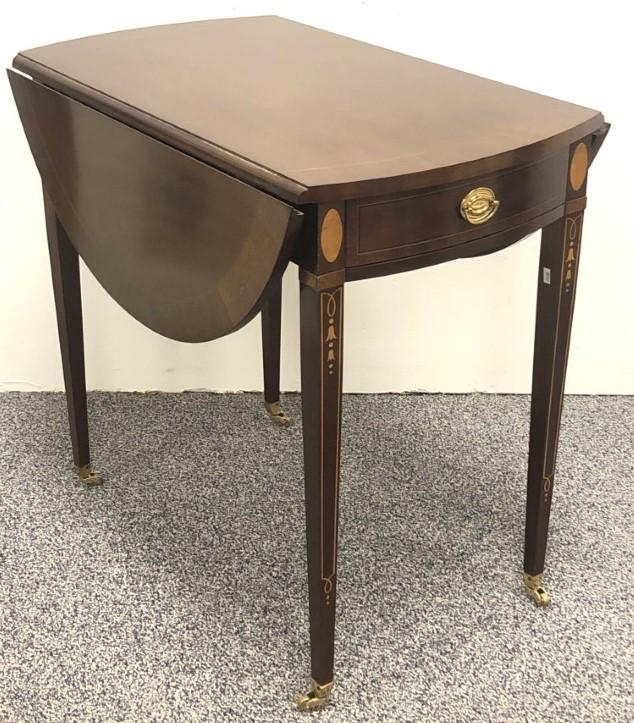 COUNCILL MAHOGANY DROP LEAF PEMBROKE TABLE: Councill mahogany drop leaf parquetry inlaid pembroke table on castors. Measures 28" tall x 30" long and 18.75" wide (leafs down). Condition: normal signs of use to finish, see images. Weight: approx.