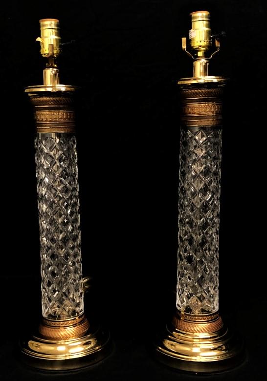 PAIR VINTAGE PAUL HANSON CRYSTAL & BRASS TABLE LAMP: Pair of vintage Paul Hanson crystal and brass table lamps, each measuring 21.25" tall to the lip of socket. Marked with label on socket. Condition: working but may need rewiring for continued safe use