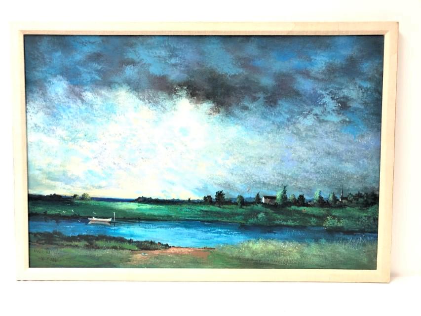 ELLIOT ORR OIL ON CANVAS PAINTING "EVENING TIME": Elliot Orr oil on canvas painting, titled on verso "Evening Time". Signed and dated 1982 lower left. Prepped for framing with a fabric lined matting border or can be hung as is. Condition: good, no si