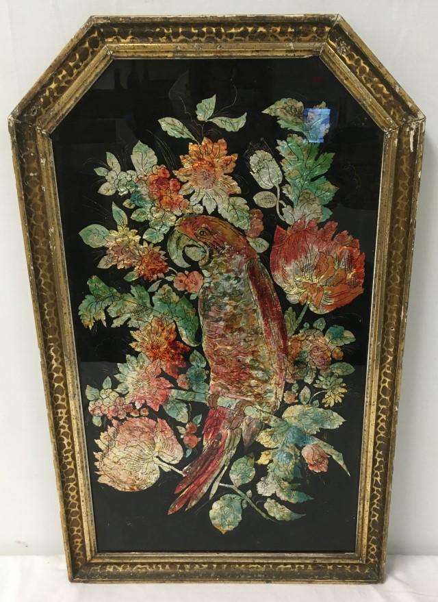 ANTIQUE VICTORIAN TINSEL PAINTING OF A PARROT: Antique framed Victorian tinsel painting depicting a parrot. Traditional black reverse painted on glass with a crumpled foil backing, original gilded frame. Unsigned. Condition: signs of age and wear