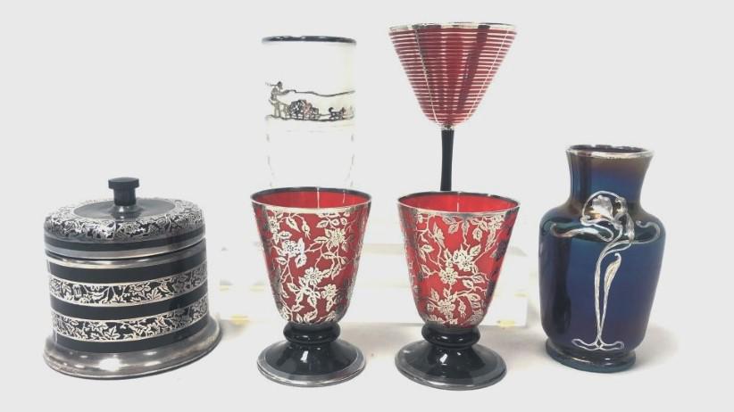 ASSORTED SILVER OVERLAY GLASS: ROCKWELL, ETC 6 PCS: Lot of assorted silver overlay glassware. Includes a pair of 3.5" Rockwell footed cups, a 4.75" Rockwell tumbler, a 5" tall Czech wine stem, a 4.5" tall Bohemian Art Nouveau vase, and a 3.75" tall Roc