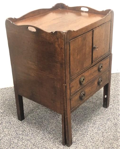 ANTIQUE GEORGE III WALNUT BEDSIDE CABINET: A unique antique George III Walnut bedside cabinet or commode measuring 30" tall x 21.5" wide and 18.5" deep. Lower section below cabinet is a pull-out table / resting surface. Condition: minor signs