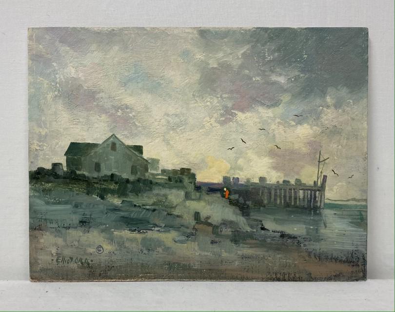 ELLIOT ORR OIL ON BOARD PAINTING THE CHATHAM PIER: Elliot Orr oil on board painting titled "The Chatham Fish Pier". Measures 9" x 12" wide. Titled, signed and dated circa 1940 on verso. Condition: good, no signs of damages, see images. Weight: .9 lbs.