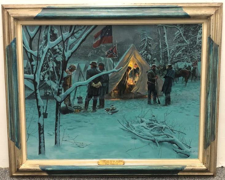 MORTON KUNSTLER OIL ON CANVAS PAINTING: STRATEGY..: Morton Kunstler original oil on canvas painting, titled on lower plaque "Strategy in the Snow". Signed and dated "M. Kunstler '94" lower right. Framed measuring a total of 34.75" tall x 42.5" wide, an
