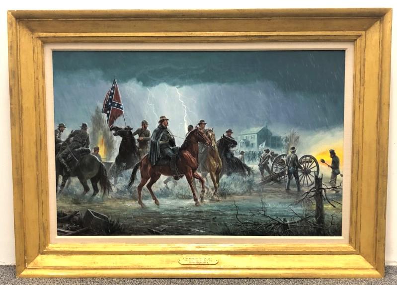MORTON KUNSTLER OIL ON CANVAS PAINTING: THUNDER: Morton Kunstler oil on canvas painting, titled "Thunder in the Valley, Battle of New Market Va, May 15, 1864" on lower title plaque attached to frame. Signed and dated "M. Kunstler '92" lower left. Fr