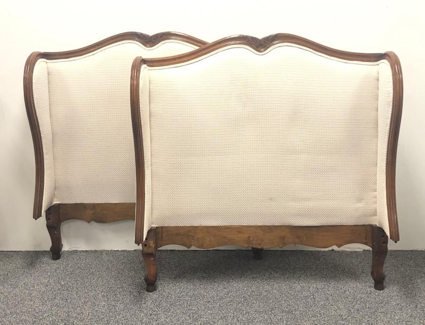 PAIR LOUIS XV STYLE MAHOGANY WINGBACK HEADBOARDS: Pair of Louis XV style mahogany wingback headboards, each one measures 45" tall x 43" wide and 11.5" deep. Condition: very minor soiling to fabric near base, expected signs of normal use, see images.
