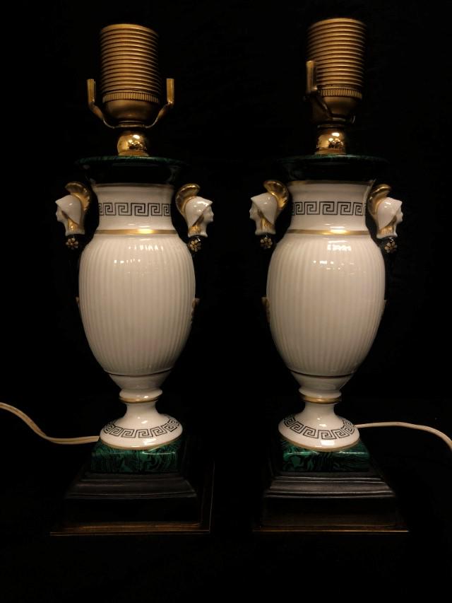 PAIR VINTAGE ITALIAN TABLE LAMPS: Pair of vintage Italian table lamps. Shades and harps not included. Marked Made in Italy on base. Condition: good, working but may need rewiring for continued safe use, see images. Weight: 6 lbs.