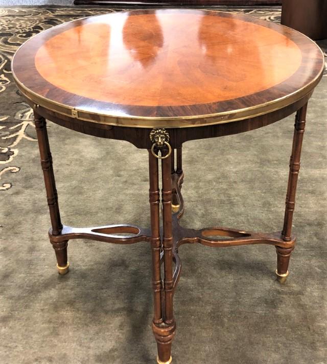 DREXEL HERITAGE BURLED WOOD & BRASS SIDE TABLE: Drexel Heritage burled wood and brass side table, round in shape, with bamboo style double legs. Brass feet and edge on table surface. Condition: good, very minor signs of normal use to finish, see im