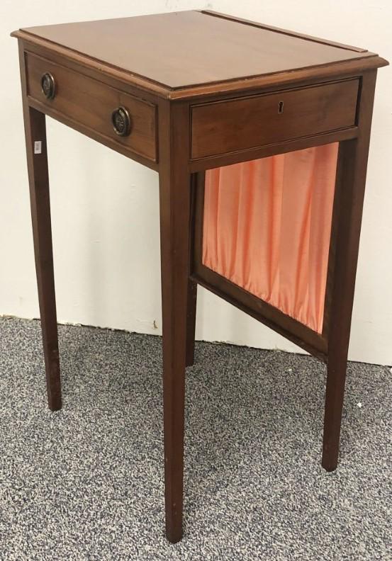 PETIT FRENCH CHERRYWOOD VANITY SIDE TABLE: A petite French cherrywood vanity side table measuring 27" tall x 17.75" wide and 14.25" deep. Condition: small repairs to both top rear corners, both rear leg connecting joints have been re-glued, fa