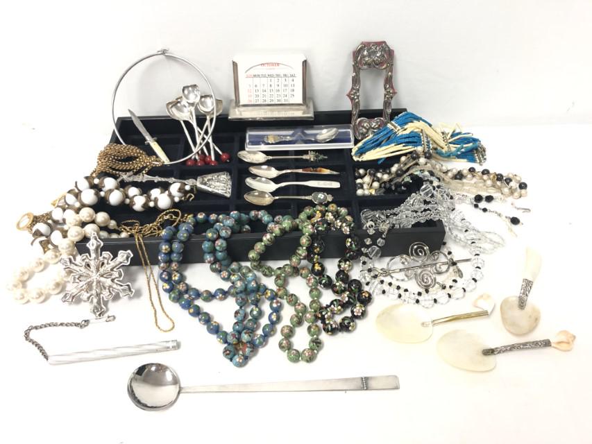 ASSORTED LADIES COSTUME JEWELRY, ETC.: Lot of assorted ladies costume jewelry and small accessories, etc. Includes cloisonne beaded necklaces, demitasse spoons, a Gorham ornament, a small desk calendar, and much more. Condition: mostly goo