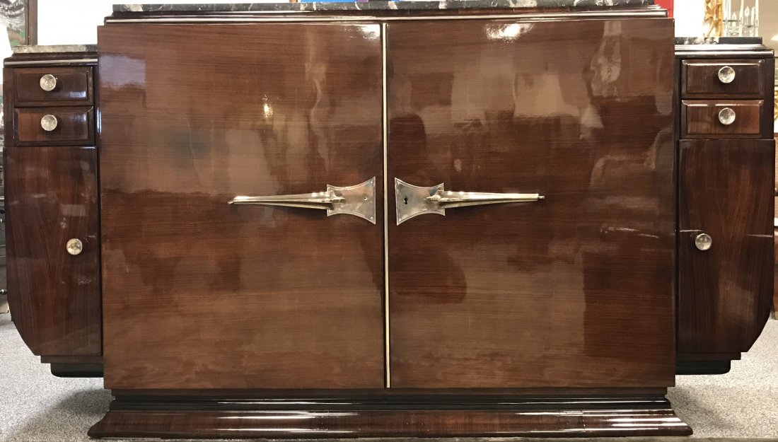 LARGE FRENCH ART DECO MARBLE TOP SIDEBOARD BUFFET: Large French Art Deco period black and white marble top sideboard or buffet. Retailed by Muebles Pasquier (metal tag inside right door). Heavy chrome finish hardware. Inside the front cabinet there ar