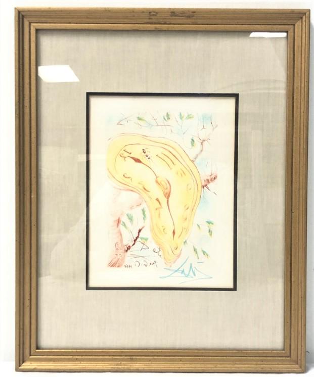 SALVADOR DALI, MELTING CLOCK ETCHING, 1968: Framed Salvador Dali etching, Melting Clock, 1968. Measures a total of 15.25" tall x 12.25" wide (frame), and 6.75" tall x 4.75" wide (plate). Condition: good, frame may show very minor signs of norma