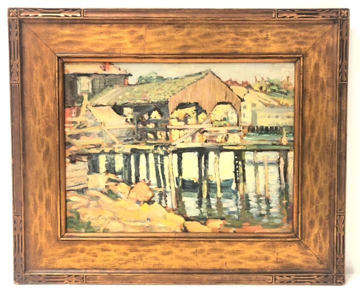 ALICE G. LOCKE OIL ON BOARD PAINTING: DOCKHOUSE: Alice G. Locke oil on board painting in original gilded frame. Subject: dockhouse. Signed lower left "Alice G. Locke". Condition: frame shows minor signs of normal use and wear, no damage to painting,