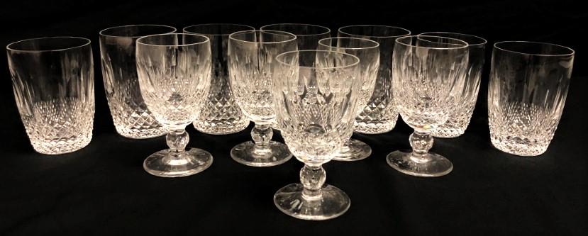 WATERFORD "COLLEEN" CUT CRYSTAL STEMS, GLASSES 12P: Lot of 12 Waterford "Colleen" cut crystal stems and tumblers. Includes (4) 4.5" tall tumblers, (3) 4.25" tall tumblers, (4) 4.75" tall claret wine stems, and (1) 4.5" tall white wine stem. Each piece 