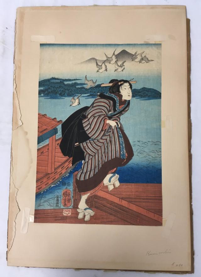 ANTIQUE UTAGAWA KUNIYOSHI WOODBLOCK PRINT: Antique Utagawa Kuniyoshi woodblock print. Measures a total of 14.5" tall x 10" wide (paper). Condition: very minor crease upper left corner, slight rough edge upper right, see images. Weight: < .1 lb
