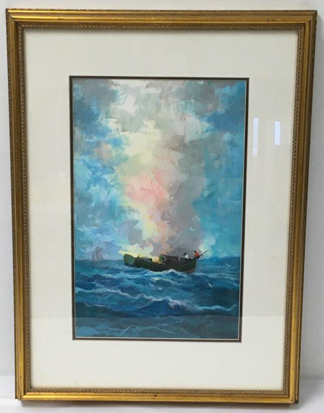 VINTAGE ELLIOT ORR ACRYLIC ON PAPER PAINTING: FIRE: Vintage Elliot Orr acrylic on paper painting. Titled, signed, and dated verso: "Fire on a Fishing Boat", Elliot Orr, 1992". Also signed and dated on front, lower right. Matted and behind glass in a go