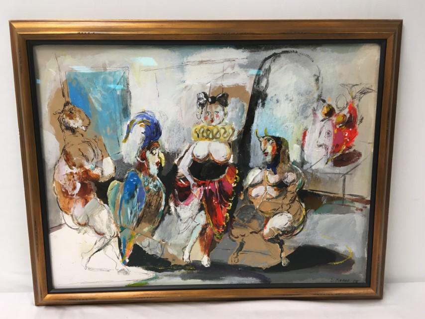 EMIL KAZAZ MIXED MEDIA PAINTING ON PAPER SENTA MON: Emil Kazaz mixed media painting on paper, titled on COA "Senta Mone", circa 2005. COA from Arame Art Gallery, Yerevan, Armenia. Framed and behind glass in a metallic finish frame measuring 26.5" tall