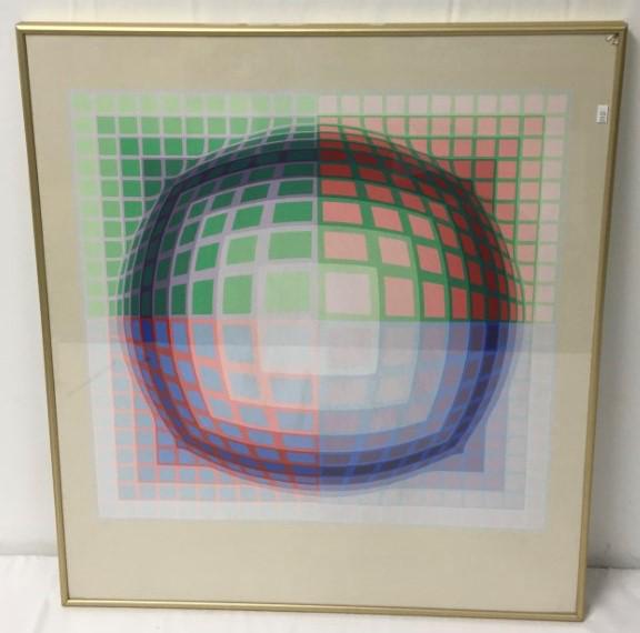 FRAMED VICTOR VASARELY HAND SIGNED SERIGRAPH: Framed hand signed silkscreen serigraph by Victor Vasarely. Hand signed in pencil lower right and numbered lower left. Frame measures 30.75" tall x 27" wide. Embossed mark to lower right corner of pap