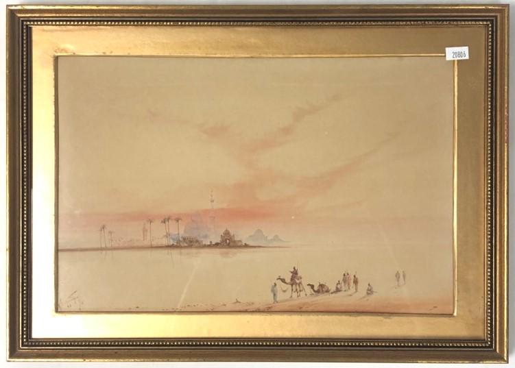 HENRY S. LYNTON ORIENTALIST WATERCOLOR ON PAPER: Henry Stanton Lynton watercolor on paper. Signed "H.S. Lynton" and dated '96 lower left. Under glass and matted in a gold tone frame measuring 12.5" tall x 17.5" wide. Condition: frame and matting may