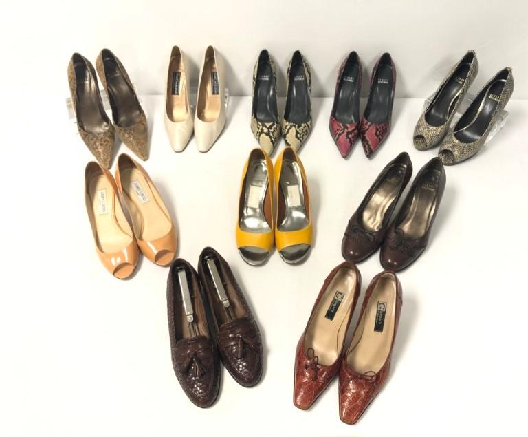 GROUP LOT ASSORTED LADIES DESIGNER SHOES 10 PAIRS: Group lot of 10 pairs of assorted ladies designer shoes/ Includes high heel / pumps, and loafers. Includes Stuart Weitzman, Cole Haan, Giorgio's of Palm Beach, Jimmy Choo, and Lanvin. Jimmy Choo are s