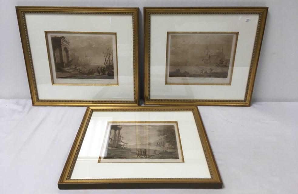 THREE RICHARD EARLOM ENGRAVINGS AFTER LORRAINE: Lot of three antique framed mezzotint engravings by Richard Earlom, after Claude De Lorraine. Each one framed measuring 17" tall x 19" wide. Condition: good but for some minor marks to frames, see ima