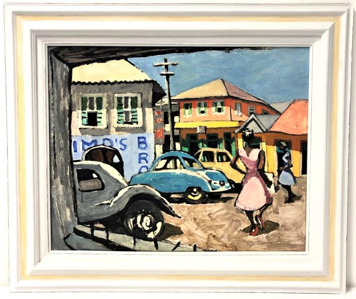MICHAEL LESTER LESZCZYNSKI OIL ON MASONITE PAINTING: Michael Lester Leszczynski oil on masonite painting depicting a busy city street scene. Framed measuring a total of 32.5" tall x 38.5" wide. Unsigned on front, but attributed with label verso. Conditi