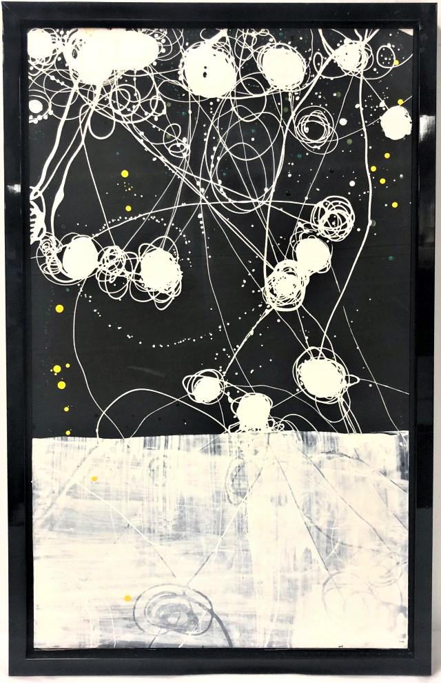 BERND HAUSSMANN OIL ON BOARD ABSTRACT PAINTING 1/2: Bernd Haussmann oil on board abstract painting. White , green and yellow on black background. Framed in lacquer finish frame measuring a total of 38.6" x 24.5" wide (frame). Painting measures 35.9" x 