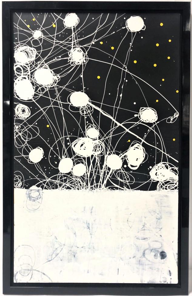 BERND HAUSSMANN OIL ON BOARD ABSTRACT PAINTING 2/2: Bernd Haussmann oil on board abstract painting. White, green and yellow on black background. Framed in lacquer finish frame measuring a total of 38.6" x 24.5" wide (frame). Painting measures 35.9" x 2