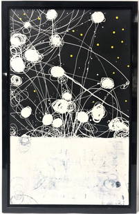 BERND HAUSSMANN OIL ON BOARD ABSTRACT PAINTING 2/2: Bernd Haussmann oil on board abstract painting. White, green and yellow on black background. Framed in lacquer finish frame measuring a total of 38.6" x 24.5" wide (frame). Painting measures 35.9" x 2