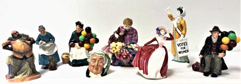 EIGHT ROYAL DOULTON PORCELAIN FIGURINES: Lot of eight Royal Doulton porcelain figurines. Includes The Flower Sellers Children, The Balloon Man, Votes for Women, The Old Balloon Seller, The Lawyer Toby Mug, Mary, The Favourite, and Falstaff. 