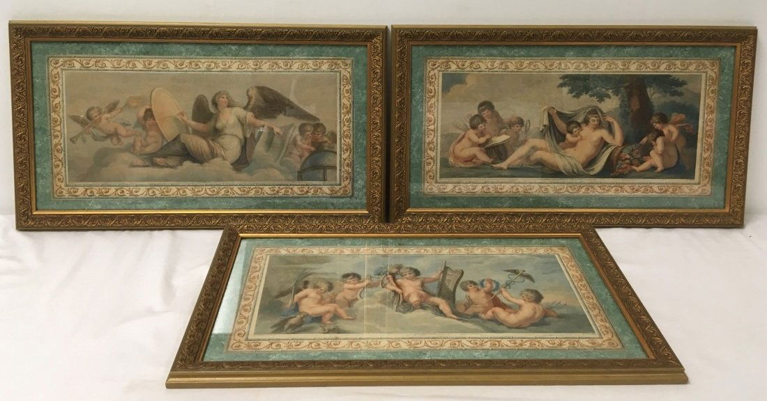 THREE FRAMED 18TH C BARTOLOZZI PRINTS BY BOVI: Lot of three framed hand colored stipple engravings produced by Francesco Bartolozzi, published by Mariano Bovi and original image after Giovanni Battista Cipriani. Each one framed measuring 14.5" x 2