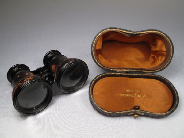 LE MAIRE FAB BINOCULARS w GA NUN & PARSONS CASE: Pair of opera binoculars made by Le Maire Fab, Paris with a GaNun and Parsons case. Binoculars lenses are very strong #12. The body of binoculars are covered in leather, leather is worn from use in so