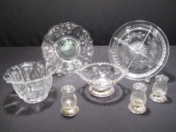 7 PIECES GLASS AND STERLING MOUNTED GLASS OBJECTS