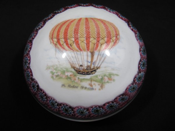 MURANO PAPER WEIGHT HOT AIR BALLOON MILLIFIORE: Unusual Murano art glass paperweight with millifiore caned rim and center commemorating a hot air balloon with inscription Fr. Robert 19-9-1789. Weight 1.4 lbs. Etched on base, Murano and ?.
