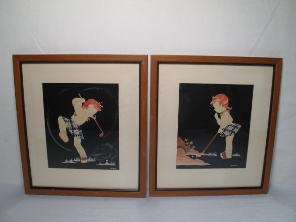 TWO WATER COLOR PAINTINGS GOLF BY PEGGY PALMER: Two watercolor paintings of character golfing. Both signed by artist in lower right corner "Peggy Palmer. Painting measures 9 1/4" tall x 6 3/4" wide and framed is 13 1/2" tall x 12" wide. Good condit
