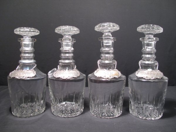 4 pc CRYSTAL DECANTERS GORHAM STERLING SILVER TAGS