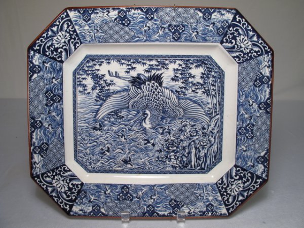 ASIAN BLUE AND WHITE OCTAGONAL SERVING DISH CRANE