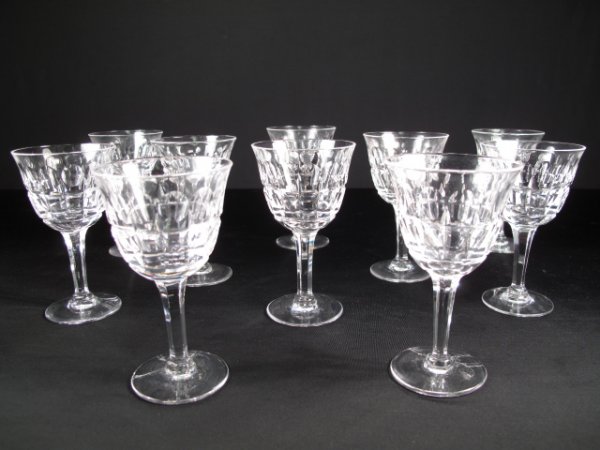 STUART ENGLISH CRYSTAL WINE STEMS SMALL: Stuart mark on bottoms. Each stem measures 5" tall x 2 3/4" wide. No chips. Total shipping weight approximately 4 lbs.