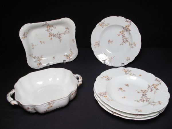 HAVILAND CO LIMOGES FLORAL PORCELAIN 5 PCS: 5 assorted pieces of Haviland and Co. Limoges serving dishes. All with Haviland mark on bottoms. Two handled casserole (no lid) at 3" tall x 10" wide, three soup bowls at 9 1/2" wide and serving bowl