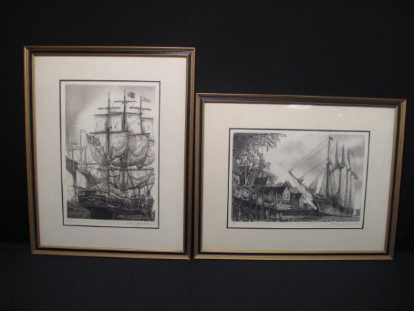 TWO MARITIME ETCHINGS PENCIL SIGNED AND DATED: Two maritime etchings of tall ships both signed and dated by the artist. Signature illegible. Dated 1976. Larger image measures 19" x 13". Smaller image measures 18 1/2" x 13". Both frames measure 27
