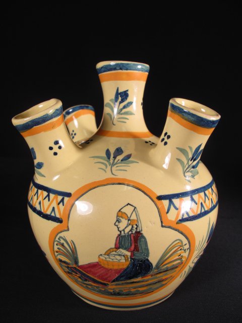 HENRIOT QUIMPER HAND PAINTED VASE YELLOW GROUND: Quimper, France hand painted yellow vase with five mouths. Mid to late 20th Century. Signed underneath: "Henriot Quimper. France. 101". Yellow ground with hand painted floral decoration and a cartouch