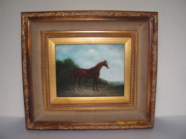 OIL PAINTING ON CANVAS THOROUGHBRED HORSE SIGNED: Contemporary oil on canvas painting of a horse signed l.r., signature indistinct. Chestnut horse with a white blaze. Gilt wood frame. Canvas measures 8" x 10". Frame measures 16" x 17 1/2". Weight: 5.