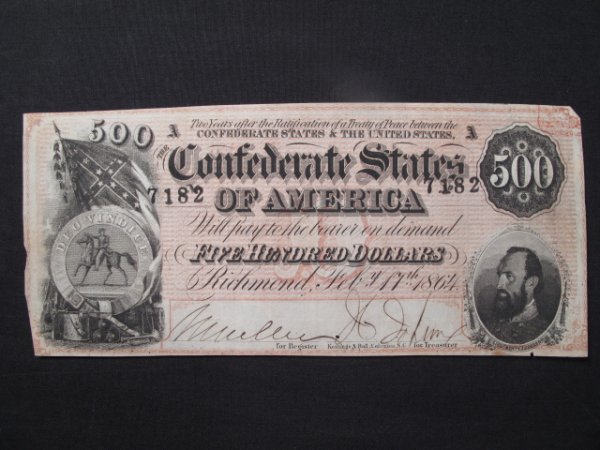 ANTIQUE CONFEDERATE STATES CIVIL WAR $500 BILL: Confederate States of America $500 currency note. Printed in Richmond in 1864. Serial # 7182. Size: 7 1/4" x 3 1/4". Condition: Good with some folds in the margins. Please refer to photographs.