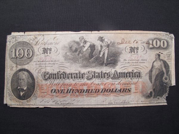 CONFEDERATE STATES $100 CURRENCY CIVIL WAR 1862: Confederate States of America Southern $100 bill dated December 15, 1862, written in pen. Note measures 7 1/8" by 3 1/4". Some tears, wear and staining. Please see photos.