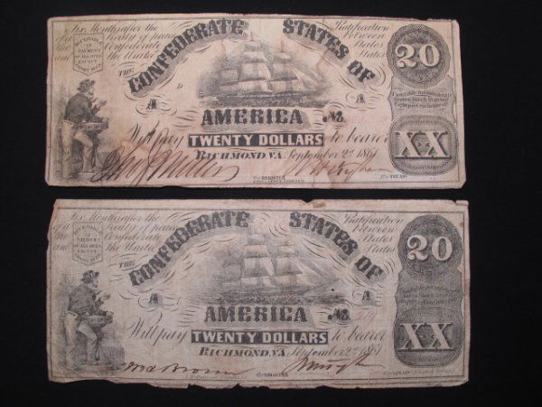 TWO CONFEDERATE STATES 1861 ISSUE $20 BANK NOTES: Two Civil War era Confederate States bank notes in twenty dollar denomination. Early 1861 issue portraying clipper ship and sailor. Each note measures 7 1/3" long by 3 1/8" wide. Condition: Fair with