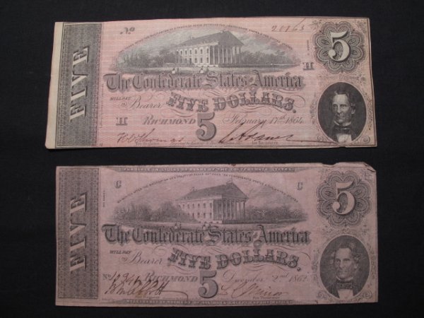 TWO CONFEDERATE STATES CIVIL WAR $5 CURRENCY NOTES: Two Confederate States American Civil War currency notes of $5 denomination. Each bill measures: 7 3/4" long by 3" wide. The first bill, dated 1862, is somewhat faded and does not have the detail of t